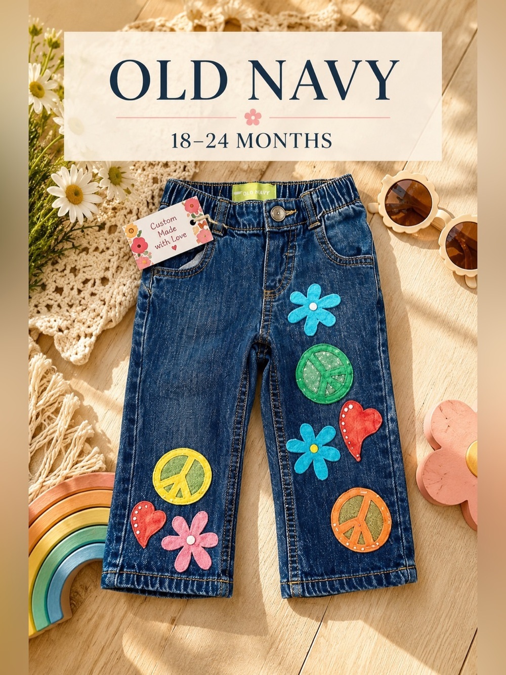 Old Navy Custom Peace & Flower Patch Jeans 18–24 Months